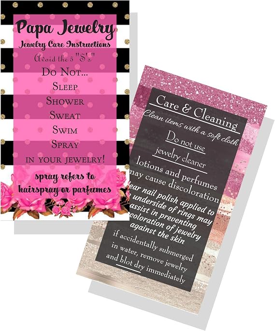 Jewelry Cleaning and Care Cards | Pack of 50 | Pink and Black Striped Floral Design | Jewelry Bling Queen Care Instructions
