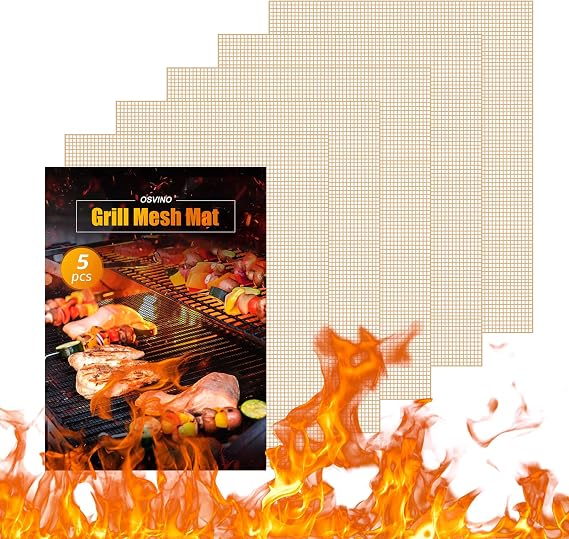 OSVINO 5 Pack Grill Mesh Mat, Non-Stick BBQ Mats for Gas Charcoal Grill | 16x12 Inch, Reusable Grill Mesh Mat For Electric & Outdoor BBQ, Barbecue Baking Accessory For Meat, Fish, Steak, Vegetables