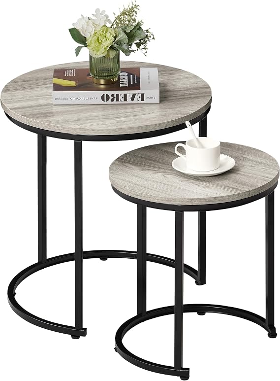 Vida Designs Brooklyn Nest of 2 Round Tables Living Room Stacking side End Tables Metal Frame (Grey)