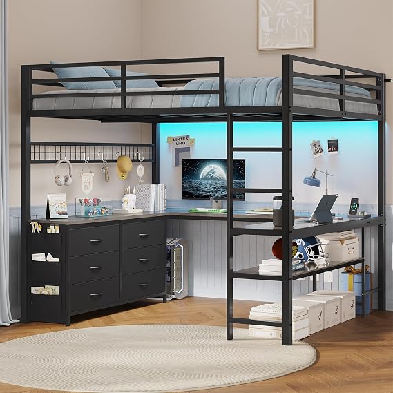 ADORNEVE Loft Bed Full Size with U-Shaped Desk, 6 Storage Drawers, Grey | Metal Loft Bed with Power Outlet, LED Light, 2 Storage Shelves, Safety Guardrail & Ladders, No Box Spring Needed