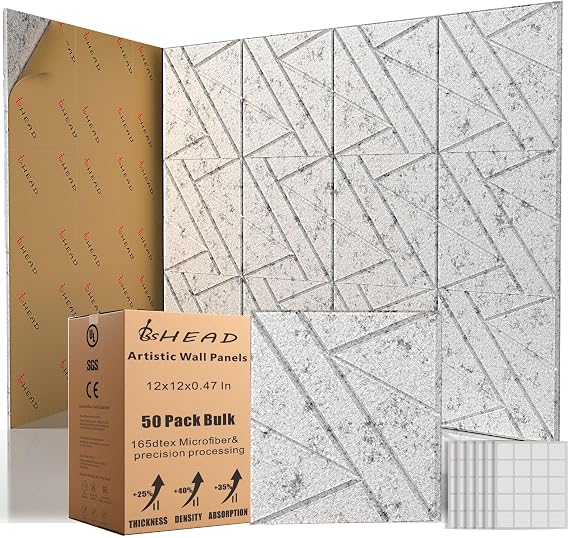 50 Pack Bulk Self-Adhesive Soundproof Wall Panels, 12 x 12 x 0.47 in Sound Proof Foam Panels for Walls, 1.2lb/ft3 High Density, Thicker 0.47in, Acoustic Panels, Duty for Large Walls Gray