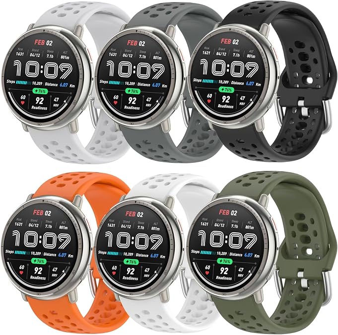 ViCRiOR 6 Pack Watch Bands Compatible with Amazfit Active 2/ Active, 20mm Soft Silicone Breathable Replacement Strap for Amazfit GTS 4/4 Mini / 3 / 3e/ 2 Mini / 2e/ 2 Women Men