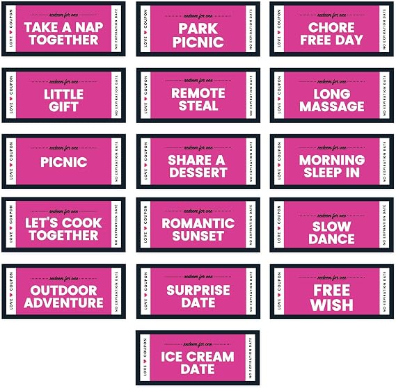 Andaz Press Fuchsia Love Coupons for Him, Her, Husband, Wife, Boyfriend, Girlfriend, Couples, Unique Funny Romantic Valentines Day, Anniversary, Christmas, Birthday I Owe You Voucher Cards, 16-Pack