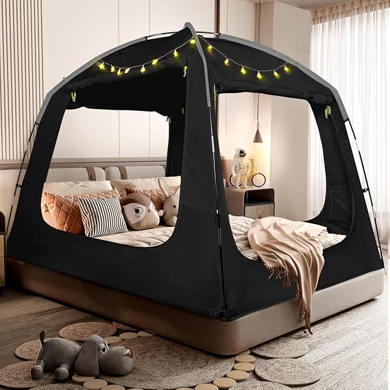 RIYDH Bed Tent Bed Canopy Portable Dream Tents 4 Doors 80% Blackout - Indoor Breathable Sleeping Tents Privacy Space Tents for Adult with String Light