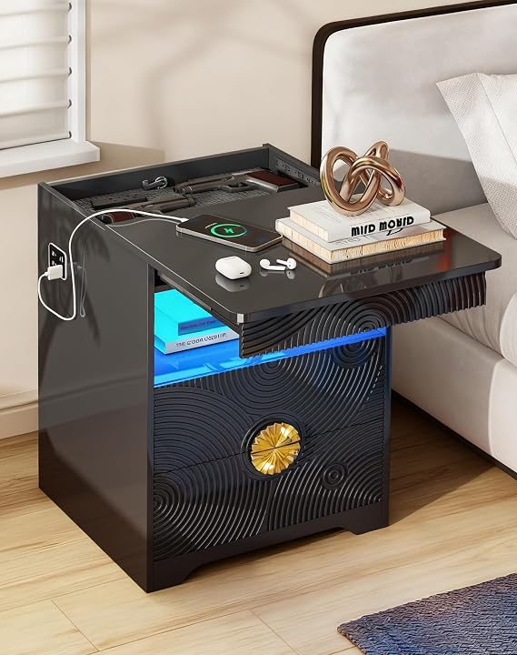 FREDEES Night Stand with Hidden Drawer, Bedside Table with 3-Color LED Lights & Human Sensor, Smart Nightstand with Charger Station, 2 Drawers Modern End Table for Bedroom, Black