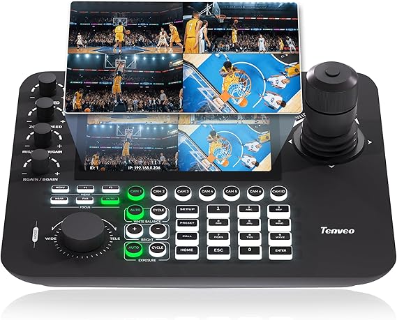 Tenveo NDI PTZ Camera Controller, 7" LCD Quad-Screen Real-time Preview, 4D PTZ Joystick Controller, NDI License Included, Support NDI PoE VISCA Pelco-D/P for Church Worship Live Events Streaming