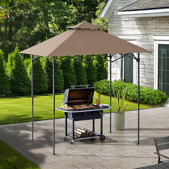 SUNJOY 8 x 5 ft. Grill Gazebo Pop Up Double Tiered Outdoor Gazebo Standing-Height Canopy with Magnetic LED Light, Adjustable Ceiling Height, for BBQ,Picnics, Outdoor Events, Brown
