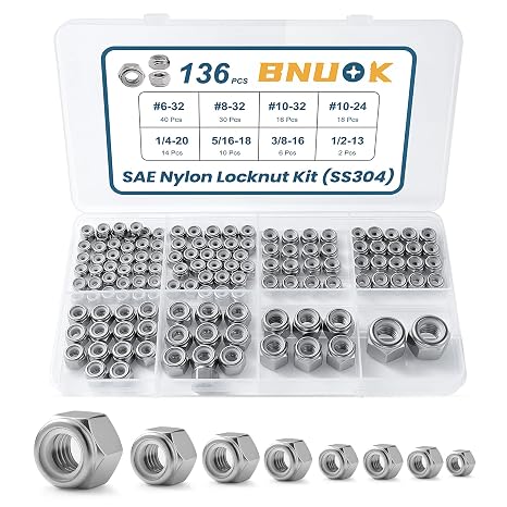 136PCS SAE Lock Nuts Assortment Kit 6-32 8-32 10-32 10-24 1/4-20 5/16-18 3/8-16 1/2-13, 304 Stainless Steel Nylon Insert Locknuts Set