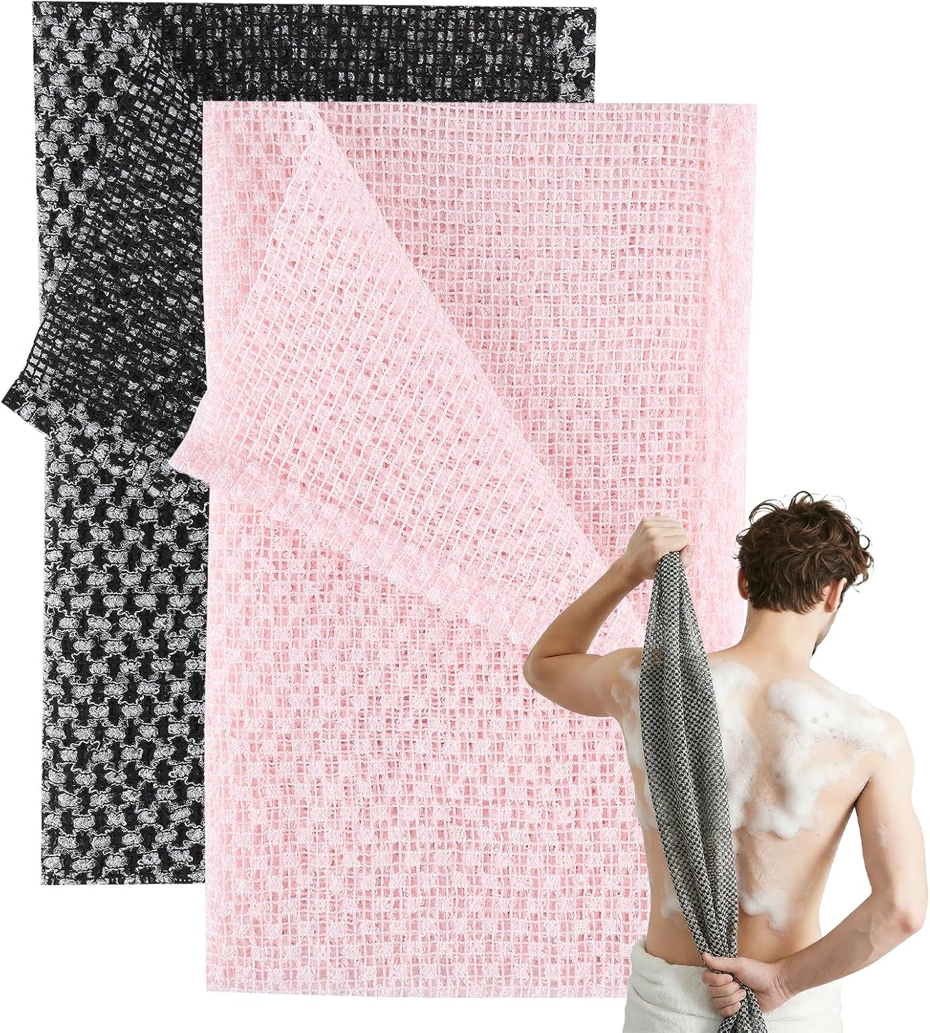 2Pcs Exfoliating Towel,Exfoliating Shower Towel,Back Extra Long Exfoliating Washcloth for Men Women,Exfoliating Body Scrubber for Cleaning and Massage (Black,Pink)