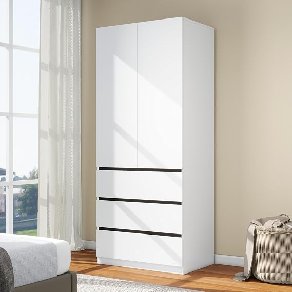 White Armoire Wardrobe Closet with 3 Drawers: 75" H x 31.5" W