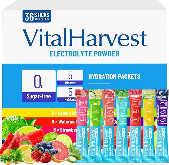 36 Sticks Electrolytes Powder Packets 7 Flavors Sugar Free Hydration Packets Liquid Daily IV Drink Mix, Low Sodium, Lemon Lime, Watermelon, Strawberry, Grape, Grapefruit, Lemon Cucumber, Mint