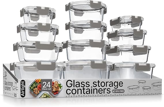 Bakken Borosilicate Glass Food Storage Containers with Lids 24 Pieces, BPA-Free Stackable Lunch & Leftover Containers, Microwave, Freezer & Dishwasher Safe, 100% Airtight Leak-Proof, Gray