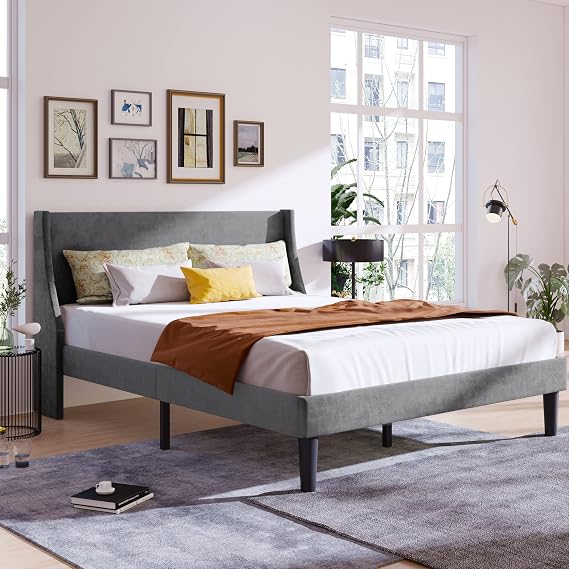 4ft6 Double Bed Frame, Upholstered Platform Bed with Winged Headboard and Wooden Slats, No Box Spring Needed, Easy Assembly, Velvet Beds for Adults Kids Teenagers, 135x190cm (Grey)