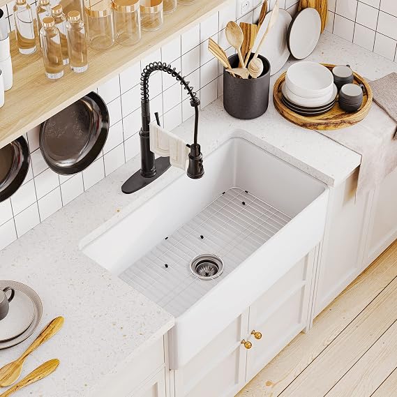 CASAINC 30-inch Kitchen Sink, Farmhouse Sink Fireclay Apron -Front Farmhouse Deep Single Bowl, Farmhouse Sink with Stainless Steel Bottom Grid and Kitchen Sink Drain