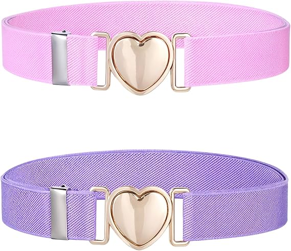 2Pcs Girls Belt, Elastic Waist Belts for Girls Adjustable Heart Buckle Stretch Belts for Pants Jeans Dress
