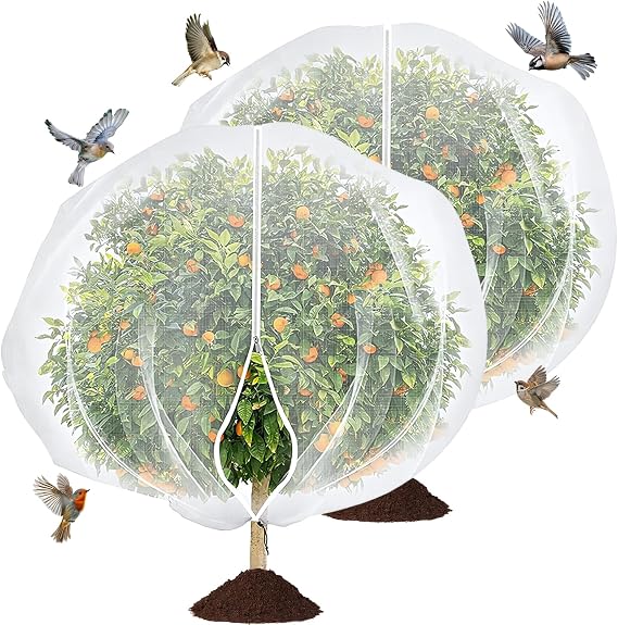 2PCS 2.4 * 2.4 m Large Fruit Tree Netting Bird Protection with Zipper and Drawstring, Reusable Garden Mesh Netting for Plants, Fine Garden Netting Mesh for Orchard, Terrace, Farm and Garden
