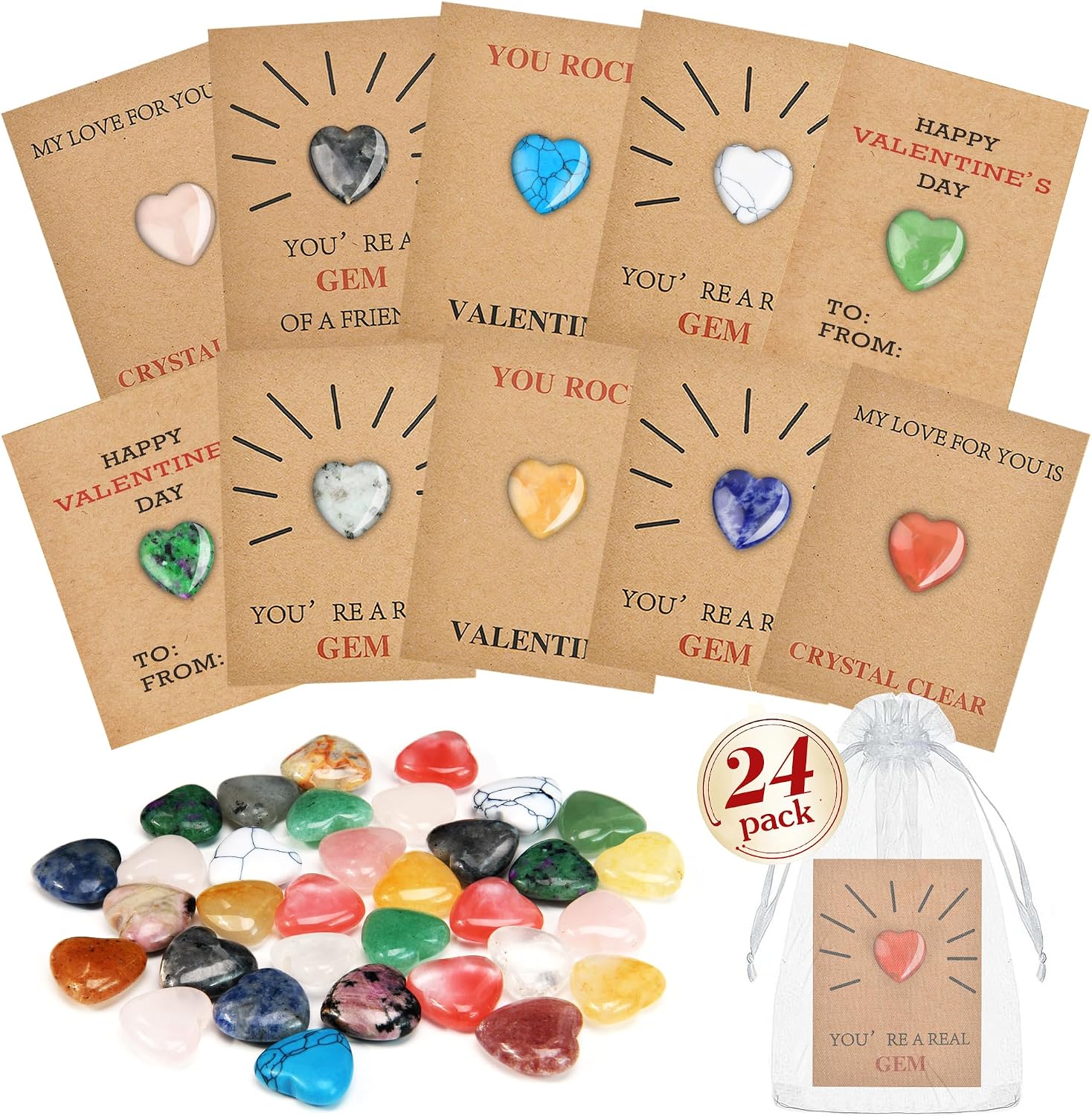 24 Pack Valentines Day Gifts for Kids School Classroom - Gem Valentine Cards with Heart-shape Natural Crystals, Valentines Day Cards for Kids Valentines Exchange Party Favor Gift for Class Boys Girls