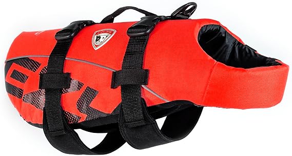 EzyDog DFD Dog Life Jacket, Dog Life Vest for Swimming - X-Small, Red | Adjustable Dog Swim Vest, Padded Neoprene Straps, Grab Handle, 50% More Flotation Material, Reflective Trim, Stays Upright