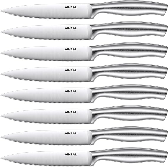 Aiheal Steak Knives, Stainless Steel Steak Knives Set of 8, Never Needs Sharpening Dinner Steak Knife Set, Sharp Micro Serrated Knives