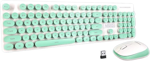 Technology N520 Ergonomic Design, Retro Chiclet Round Keycaps, 2.4GHz Wireless Connectivity Silent Typing Keyboard and 1600DPI Mouse Combo for Office and Game (Blue)