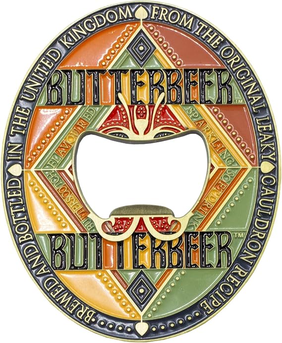 Harry Potter Magnet Bottle Opener - Butterbeer Design Collectible by MinaLima - Antique Brass Finish with Logo Artwork - Kitchen Gift for Fans & Wizards