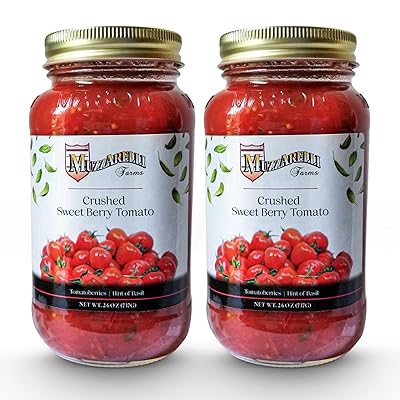 MUZZARELLI FARMS Crushed Sweet Berry Tomato | Pack of 2 Gift-Ready | Jeresy Fresh Flavorful | Family Recipe for 60 years - No Gluten- Low Carb - No Preservatives - All Natural -26 fl oz Glass Mason Jar | Hand-Selected Tomatoes Bottled for Peak Freshness and Flavor. Made in Vineland, New Jersey USA