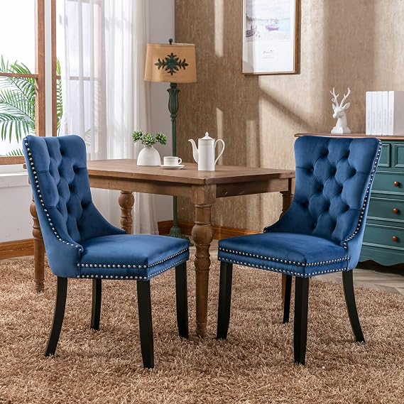 Upholstered Dining Chairs & Velvet Dining Chairs Set of 2 for Dining Room,Wood Parsons Chairs & Mid-Century Tufted Chair with High Back, Rivet Design and High Density Foam (Blue)