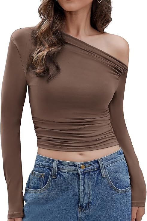 Scacto Women's One Off Shoulder Long Sleeve Going Out Ruched Crop Tops Shirts