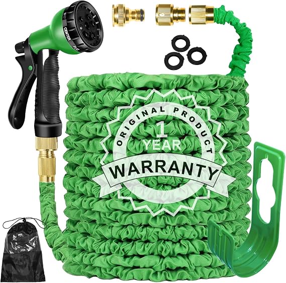 Expandable Garden Hose Pipe 100FT 3 Times Flexible Expanding Magic Lightweight Watering Hose Anti-Leakage with 3/4" 1/2" Solid Brass Fittings 8 Function Spray Nozzle (Green)