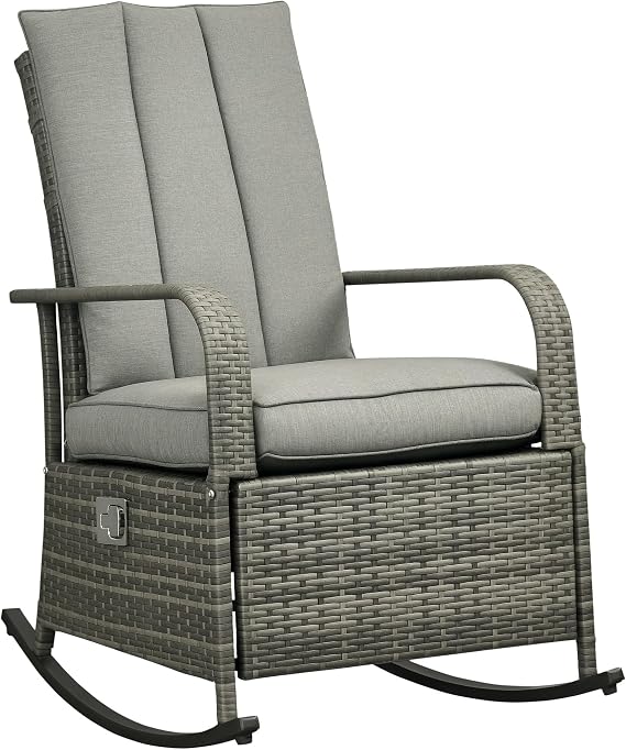 Outsunny Wicker Outdoor Rocking Chair, Patio Recliner with Cushions Gray