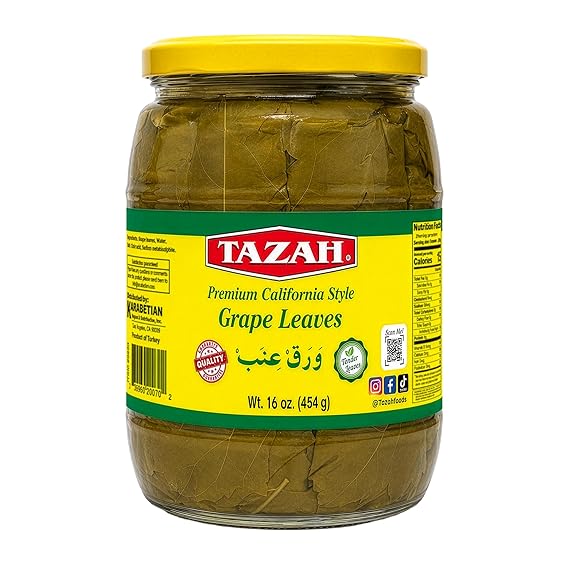 TAZAH Grape Leaves in Jar, California Style, Product of Turkey, Drained Wt 16oz / 454g for Dolma, Dolmades, Warak Enab & Yaprak Sarma