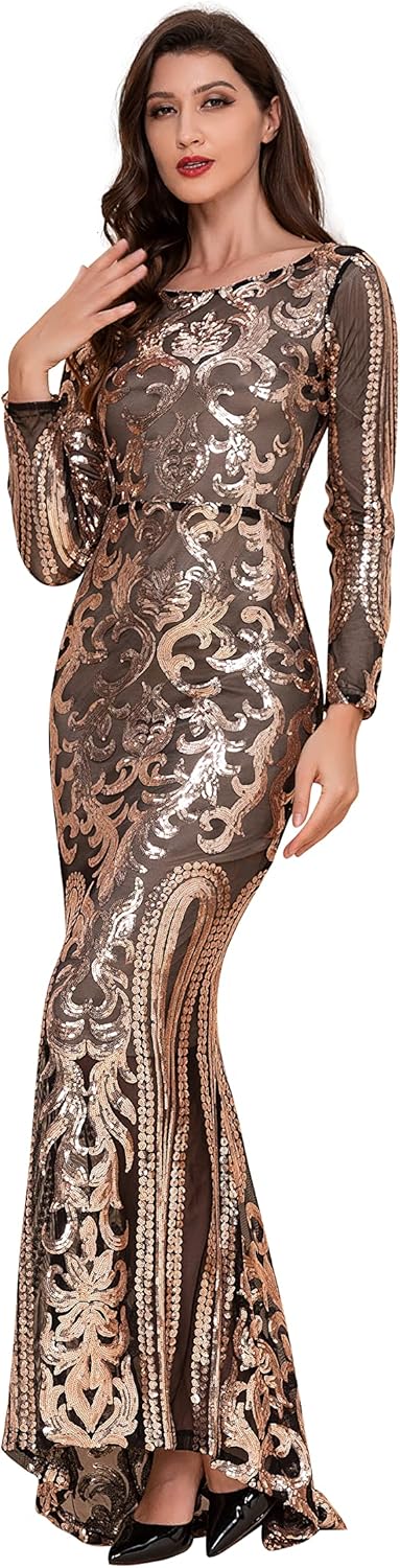 Women Evening Dress Sequin Long Sleeve Mermaid Crew Neck Cocktail Dress