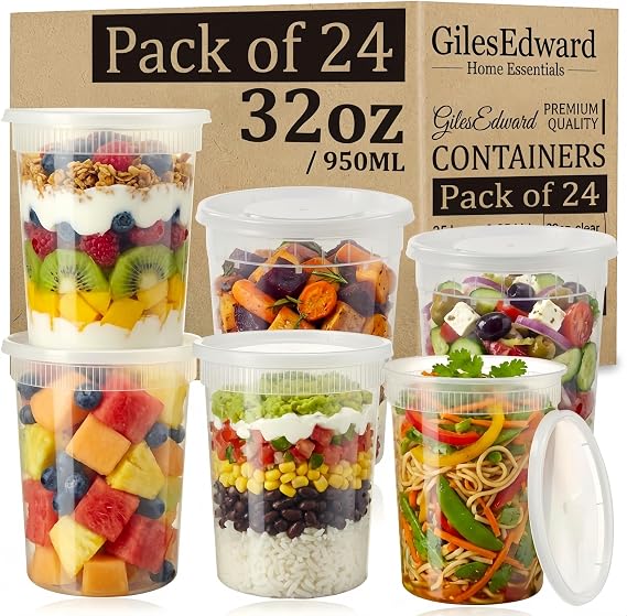 24 Pack 32oz Soup Containers with Lids, Large Plastic Food Storage Tubs for Batch Cooking, Leakproof Reusable Deli Pots, Freezer & Microwave Safe, BPA Free Meal Prep Containers for Curry, Stew & Soup