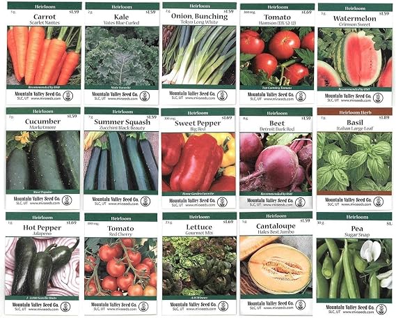 Heirloom Vegetable Garden Seed Collection Assortment of 15 Non-GMO, Easy Grow, Gardening Seeds: Carrot, Onion, Tomato, Pea, Cucumber, Beets, Basil, More