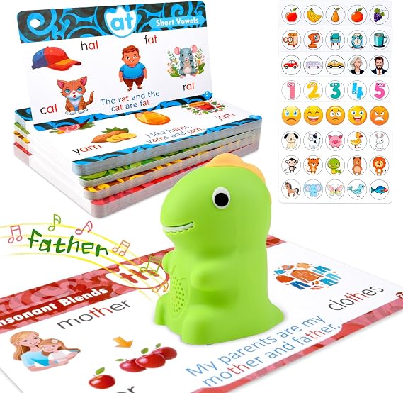 Speech Therapy Sensory Toy, Talking Dinosaur Phonics Reader with 74 Double-Sided Phonics Flash Cards & 6 Theme Stickers, Interactive Letters Games, Montessori Educational Gift for Kids Aged 3-8