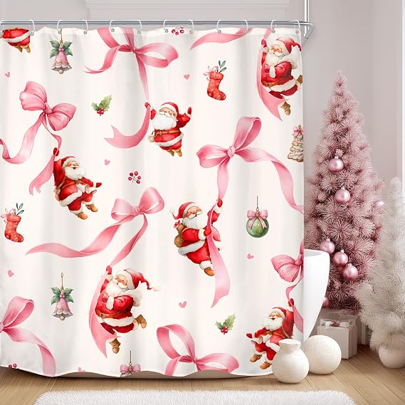 Pink Christmas Shower Curtain 60Wx72H Inches Cute Santa Claus Happy Xmas Holiday Bows Bell Winter New Year Fabric Waterproof Polyester Bathroom Home Decor Set with Hooks