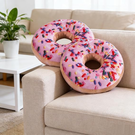 14 inch 3D Print Donut Pillow, Plush Microfiber & PP Cotton Filling, Round Floor Cushion for Adults, Decorative Accent Pillow for Couch, Bed, Nursery, Machine Washable, Pink, 2 Pack