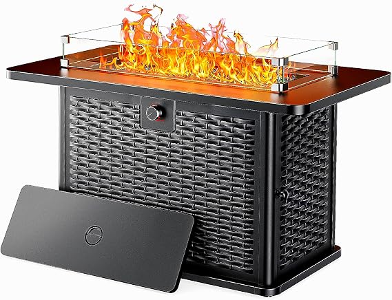 Ciays 43-Inch Rectangular Propane Fire Pit with 60,000 BTU Output, Fire Pit Table Premium Gas for Outside Patio with 304 Stainless Steel H-Burner, Glass Stones, and Wind Guard,Black