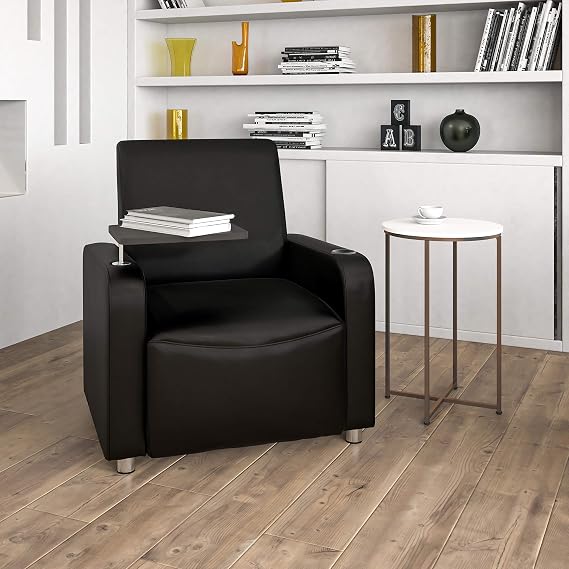 BizChair Black LeatherSoft Guest Chair with Tablet Arm, Chrome Legs and Cup Holder