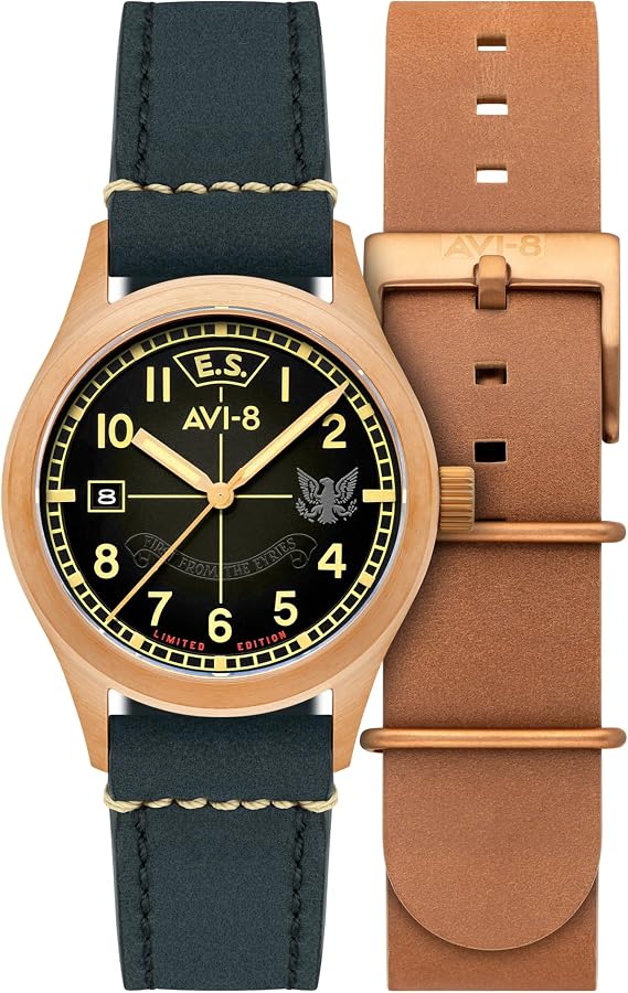 AVI-8 Men's 39mm Flyboy Eagle Squadron Automatic Bronze 85th Limited Edition Watch with Leather Strap AV-4145