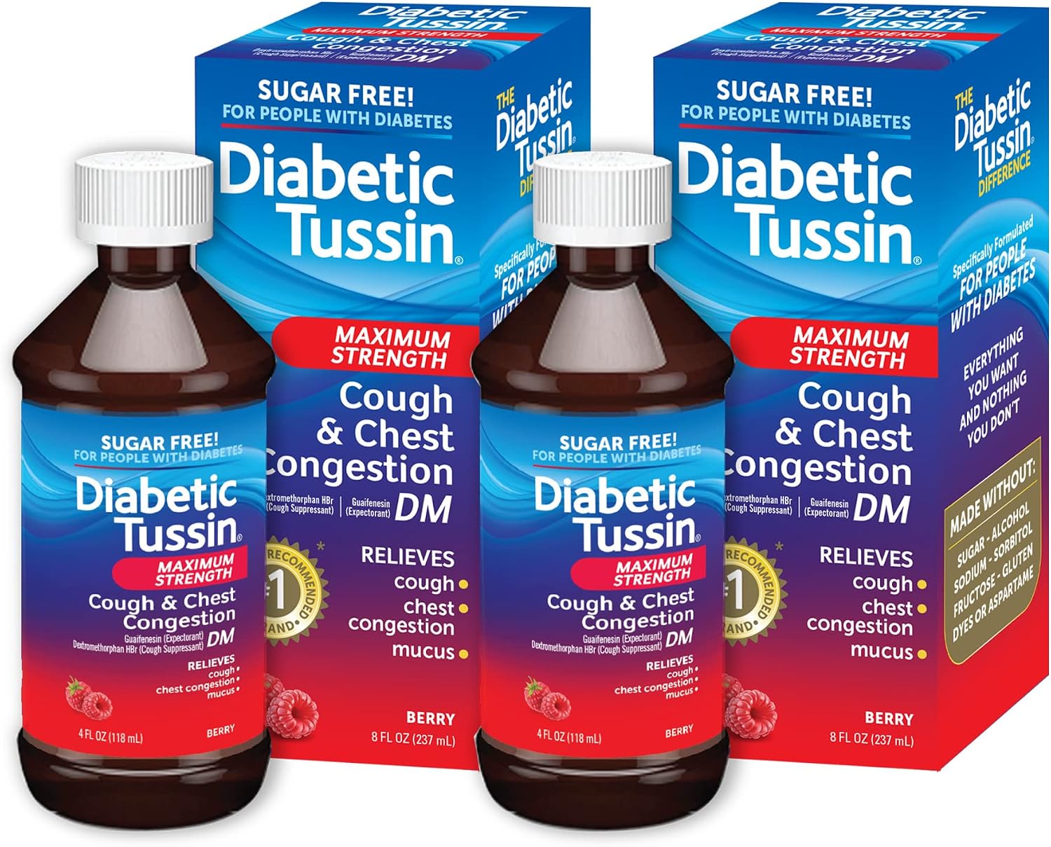 Diabetic Tussin DM Maximum Strength Cough Medicine with Chest Congestion Relief - 8 Fl oz - Liquid Cough Syrup, Safe for Diabetics, Berry Flavored