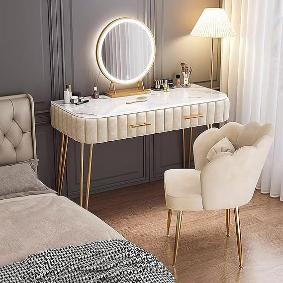 Modern Pink Makeup Vanity with LED Mirror Wood & Sintered Stone 2 Spacious Drawers Stylish Dressing Table Easy Assembly Furniture