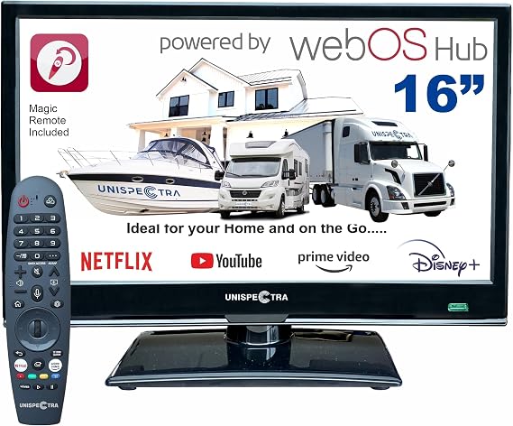 Unispectra ® 16 inch Smart TV (webOS) Full HD, Freeview & SAT Tuner, 3x HDMI, 2x USB, Magic Remote. 12V TV for Motorhomes, Campervans, Caravans, Trucks, Vans, Boats