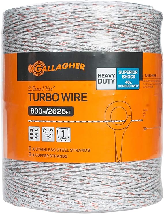 Gallagher Turbo Wire 9-Strand Electric Fence Wire | 40x Conductivity for Long Distance Fencing | UV and Rust Resistant | Stainless Steel Copper Conductors | 2625ft Roll | Heavy Duty Reusable Polywire