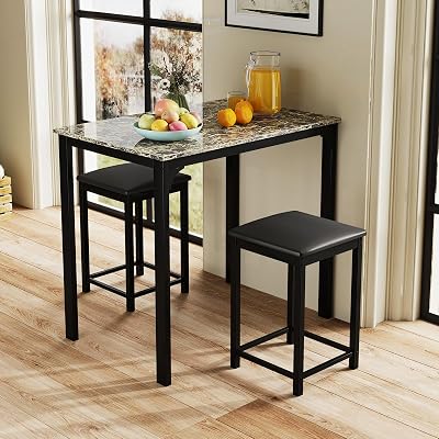 COSTWAY Small Dining Table for 2, Space Saving Dinette Set wCounter Height Table & 2 Upholstered Bar Stools, Breakfast Nook Table Set, 3-Piece Kitchen Table Chairs Set for 2 for Dorm Mixed Black