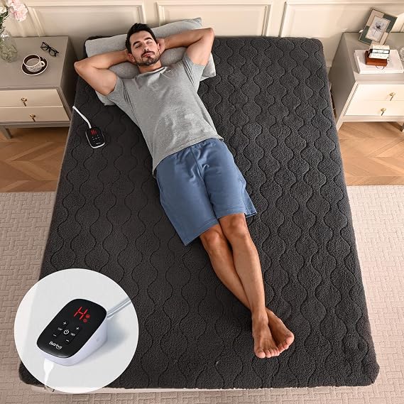 Bearhug Electric Heated Mattress Pads Full Size 5475 Sherpa Bed Warmer with 21 Deep Pocket 10 Heat Settings 12-Hour Timer Machine Washable Gray