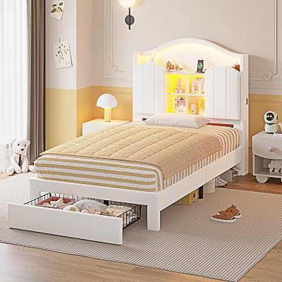 Twin Bed Frame with Drawer & LED Lights, Princess Velvet Upholstered Platform Bed for Girls, Headboard with Charging Station & Hidden Storage, No Box Spring Needed,Creamy White