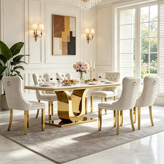 7-Piece Dining Table Set with 6 Beige Upholstered Chairs, 68" White Gold Faux Marble Kitchen Table Set for 6, U-Shape Pedestal Dining Room Table Set for 6, Modern Dining Table Set for 6