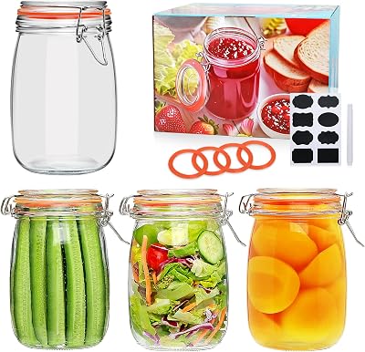 Encheng 32 oz Wide Mouth Mason Jars with Airtight Hinged Lids, Large Glass Jar with Lid for Pickling, Fermentation, Canning, Food Storage Set of 4 Glass Storage Containers