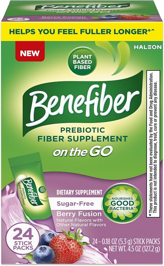 Benefiber Prebiotic Fiber Supplement Powder, Berry Fusion, 24 Stick Packs | Plant-based Prebiotic Fiber Powder, Sugar-Free, Dissolves Clear and Tasteless, GLP-1 Support for Digestive Health